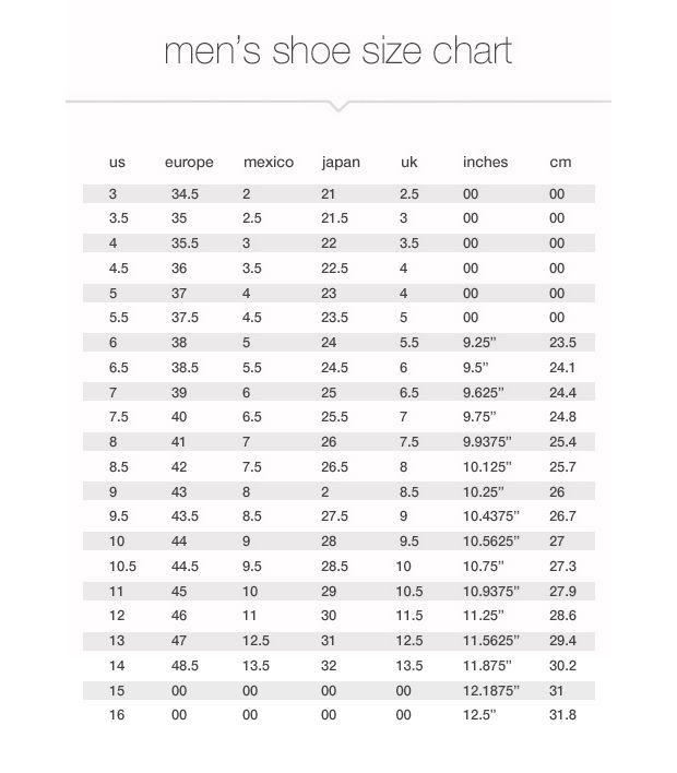 Men's Shoe Sizing Chart Printable