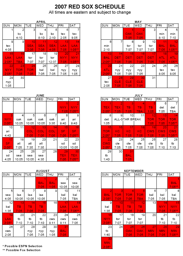 printable red sox spring training schedule PrintableTemplates